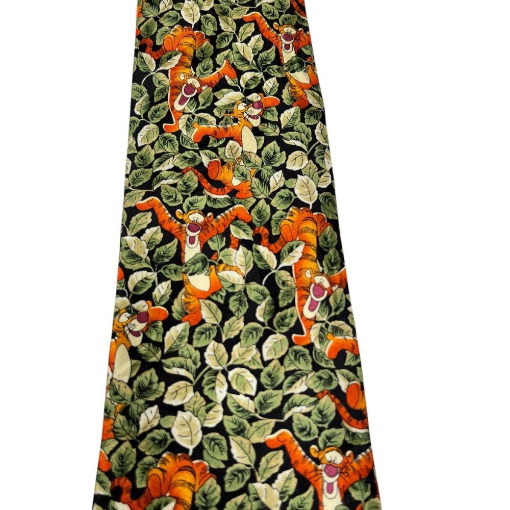 Vintage Disney World Mens Tigger in Jungle Leaves Green Orange Silk Pointed Tie - Picture 4 of 11